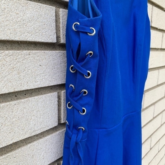 Parker Flynn Cobalt Blue Grommet Lace-Up Fit Flare Mini Dress S Cocktail Party - Picture 9 of 11